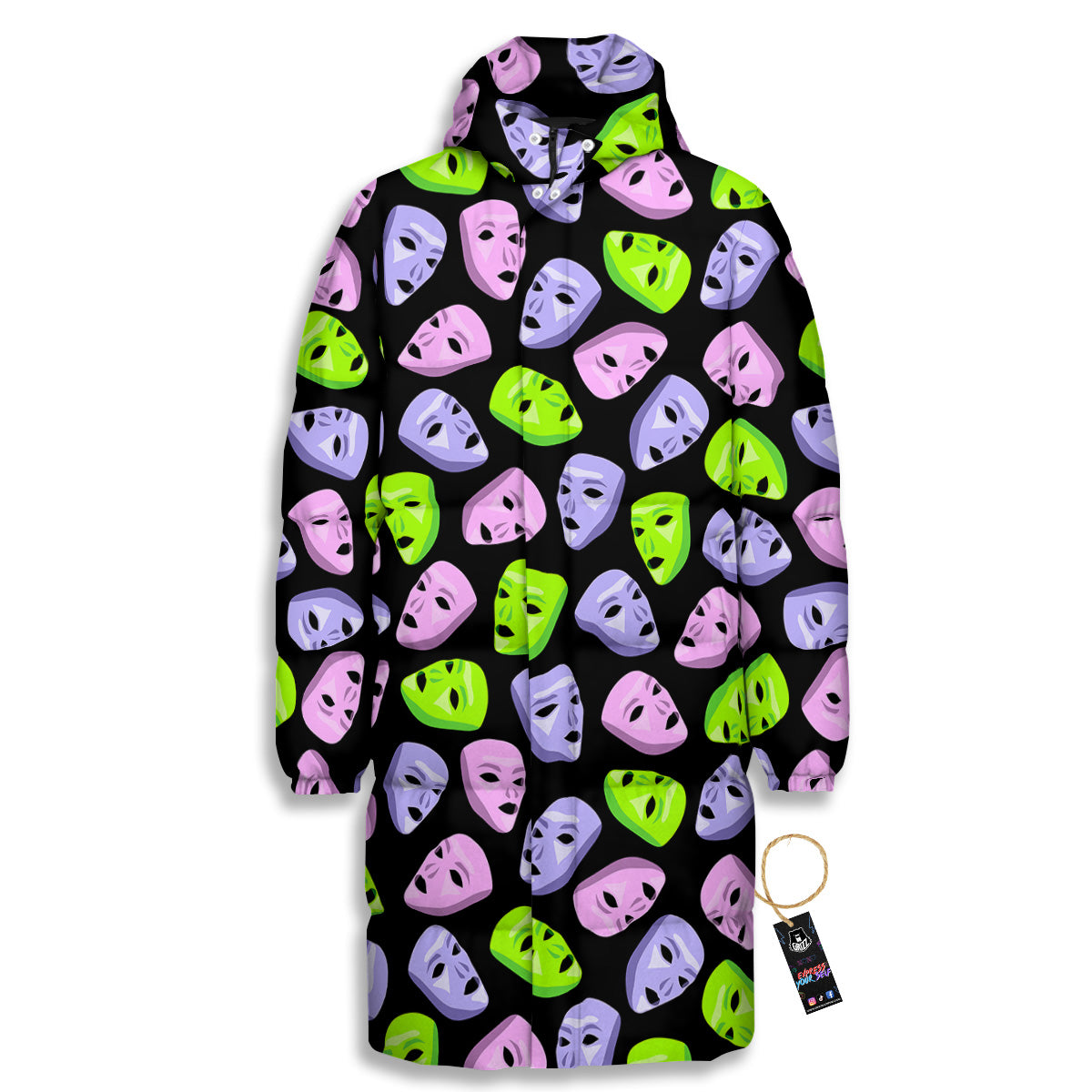 Pink Green And Purple Theater Masks Print Pattern Long Down Jacket