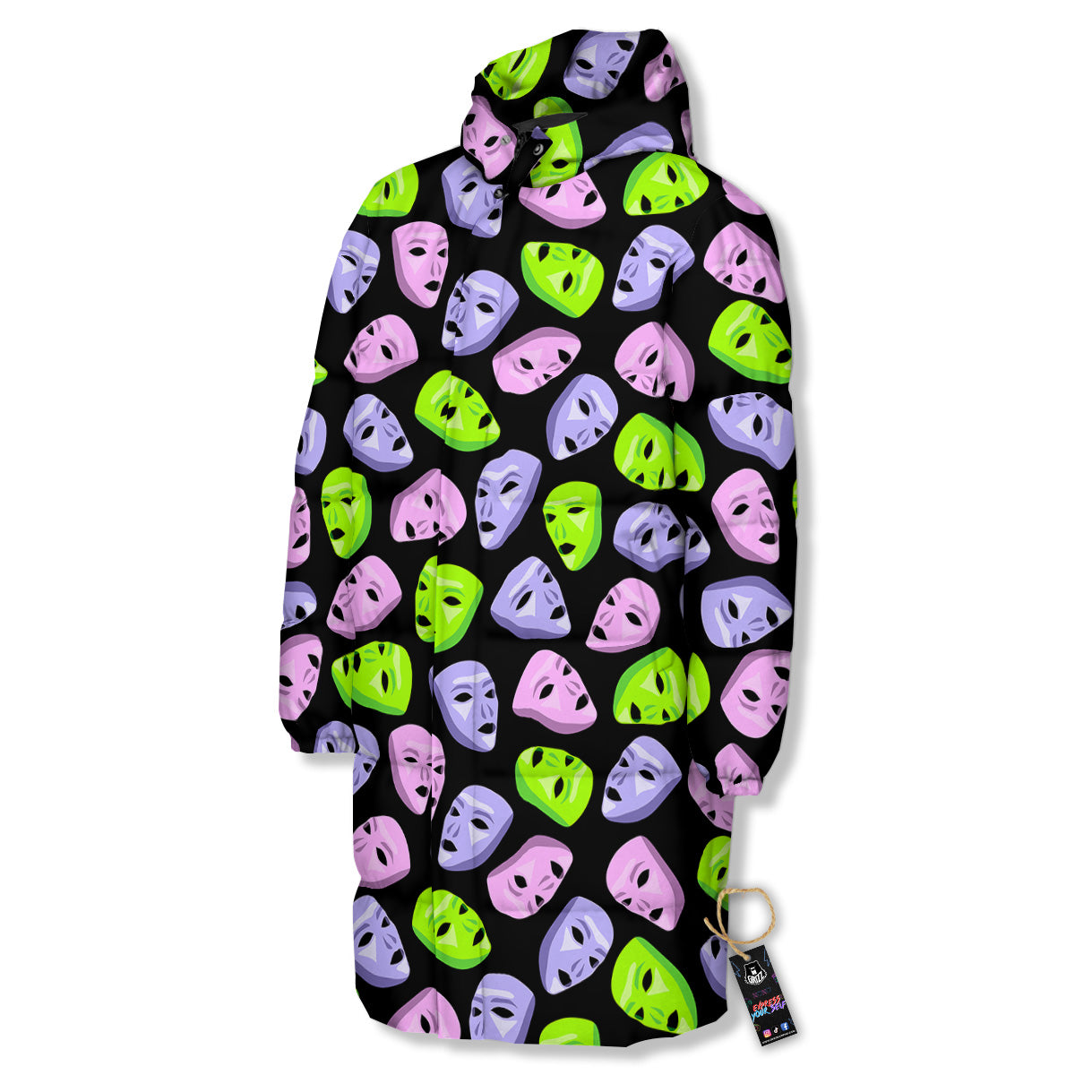 Pink Green And Purple Theater Masks Print Pattern Long Down Jacket
