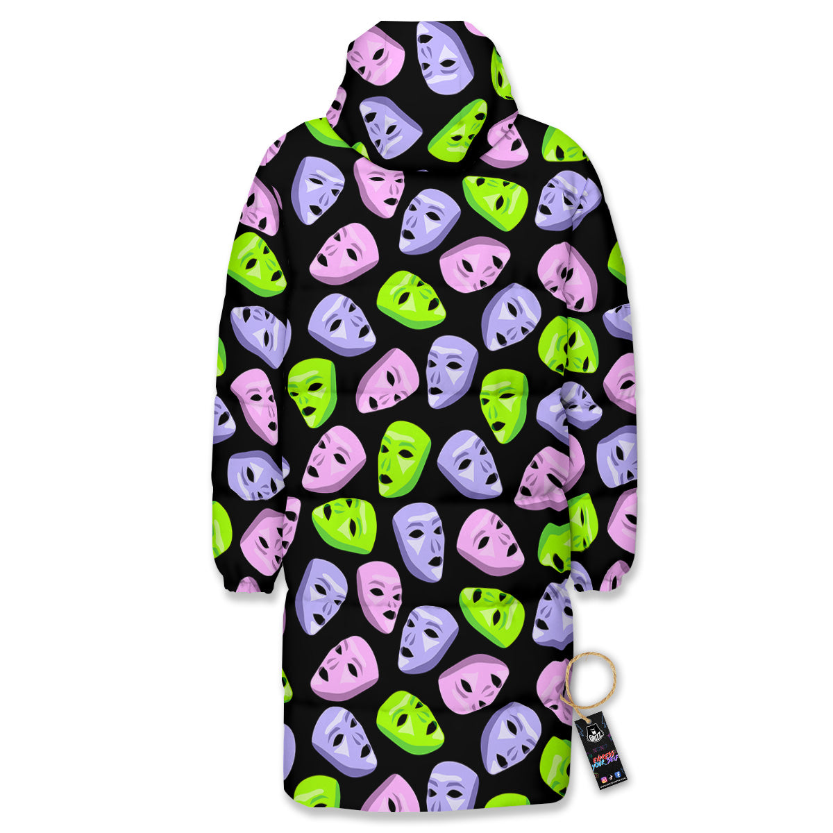 Pink Green And Purple Theater Masks Print Pattern Long Down Jacket