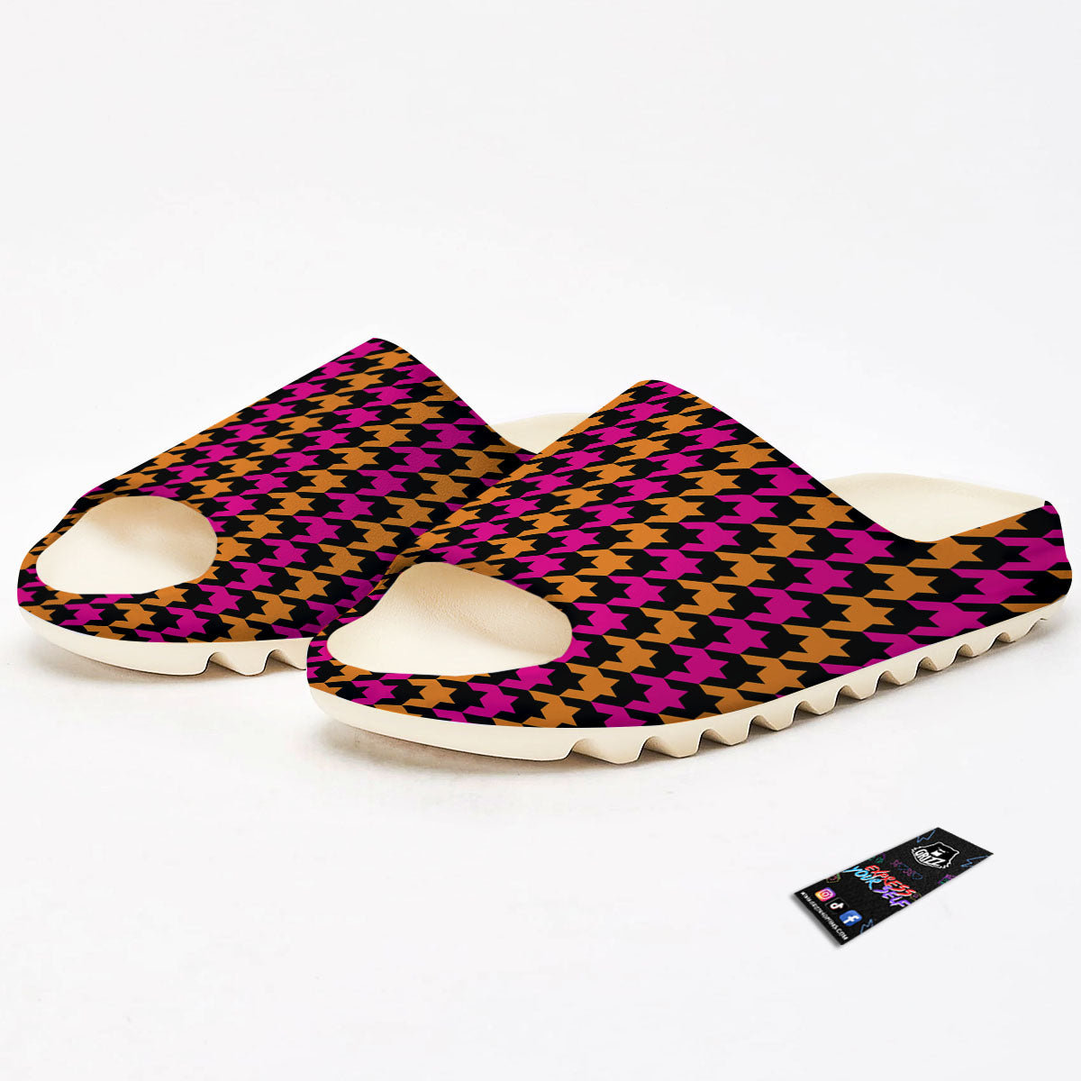 Pink Orange And Black Houndstooth Print Sandals-grizzshop