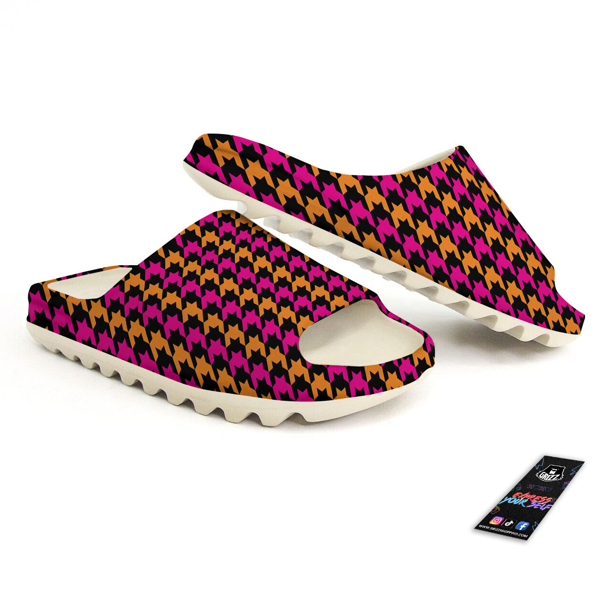 Pink Orange And Black Houndstooth Print Sandals-grizzshop