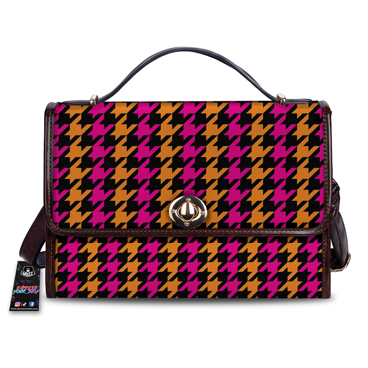 Pink Orange And Black Houndstooth Print Women's Satchel Bag
