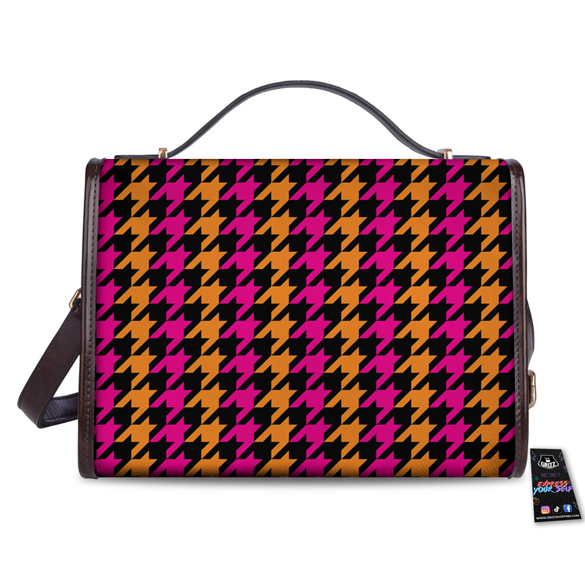 Pink Orange And Black Houndstooth Print Women's Satchel Bag