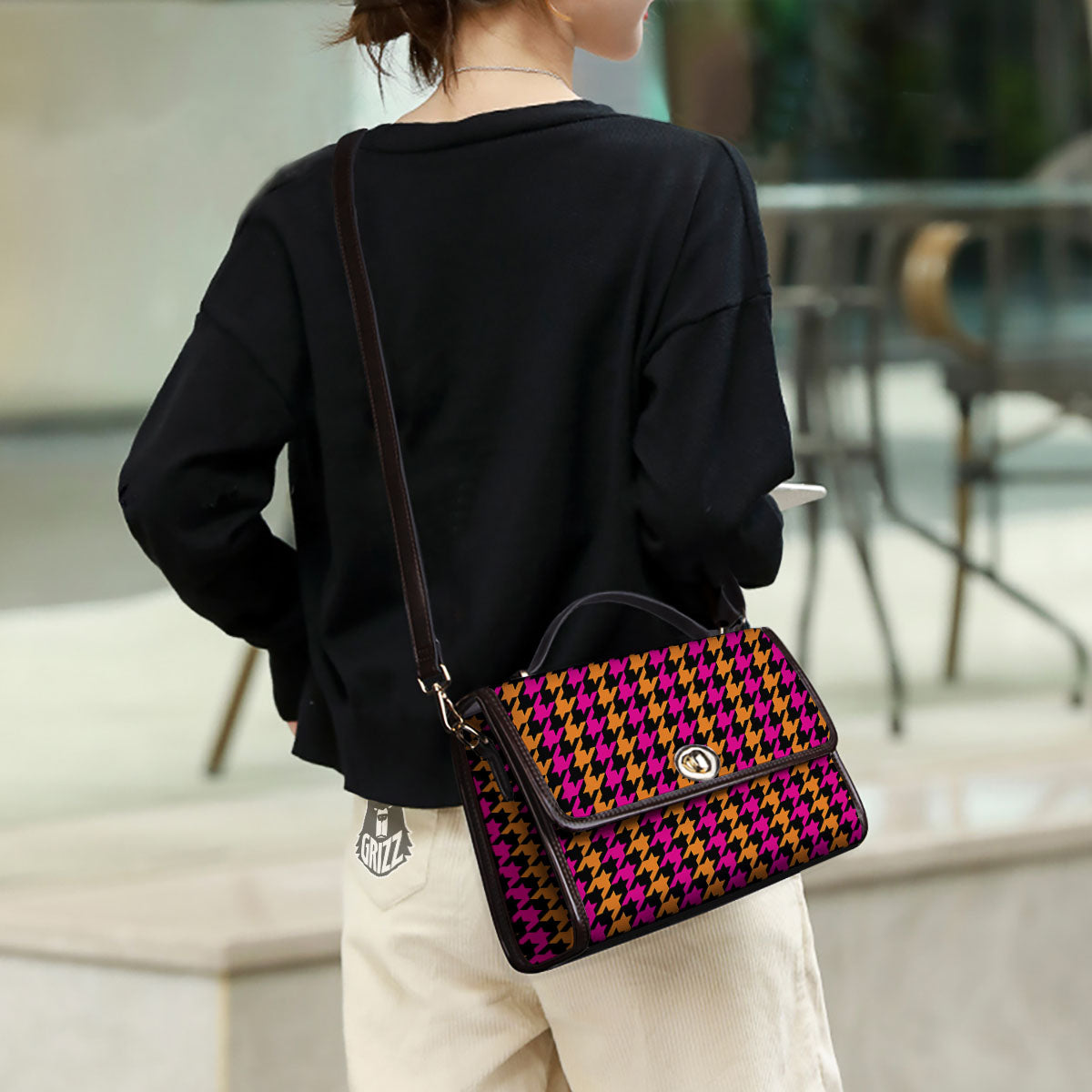 Pink Orange And Black Houndstooth Print Women's Satchel Bag