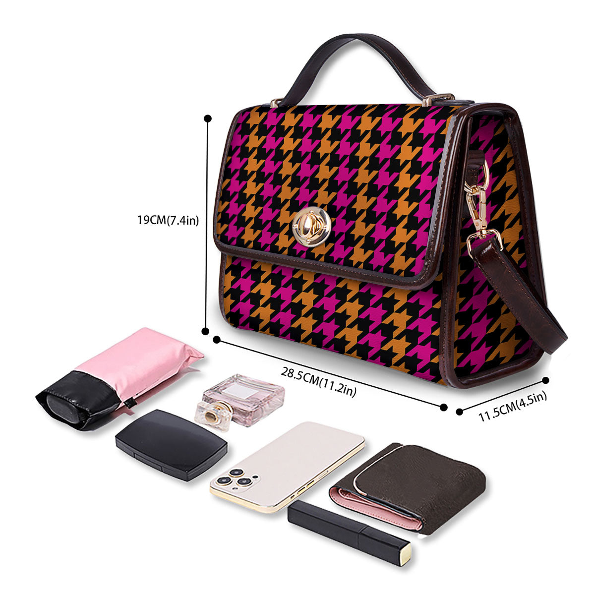 Pink Orange And Black Houndstooth Print Women's Satchel Bag