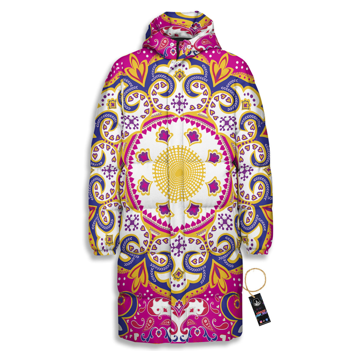 Pink Paisley And Mandala Print Long Down Jacket