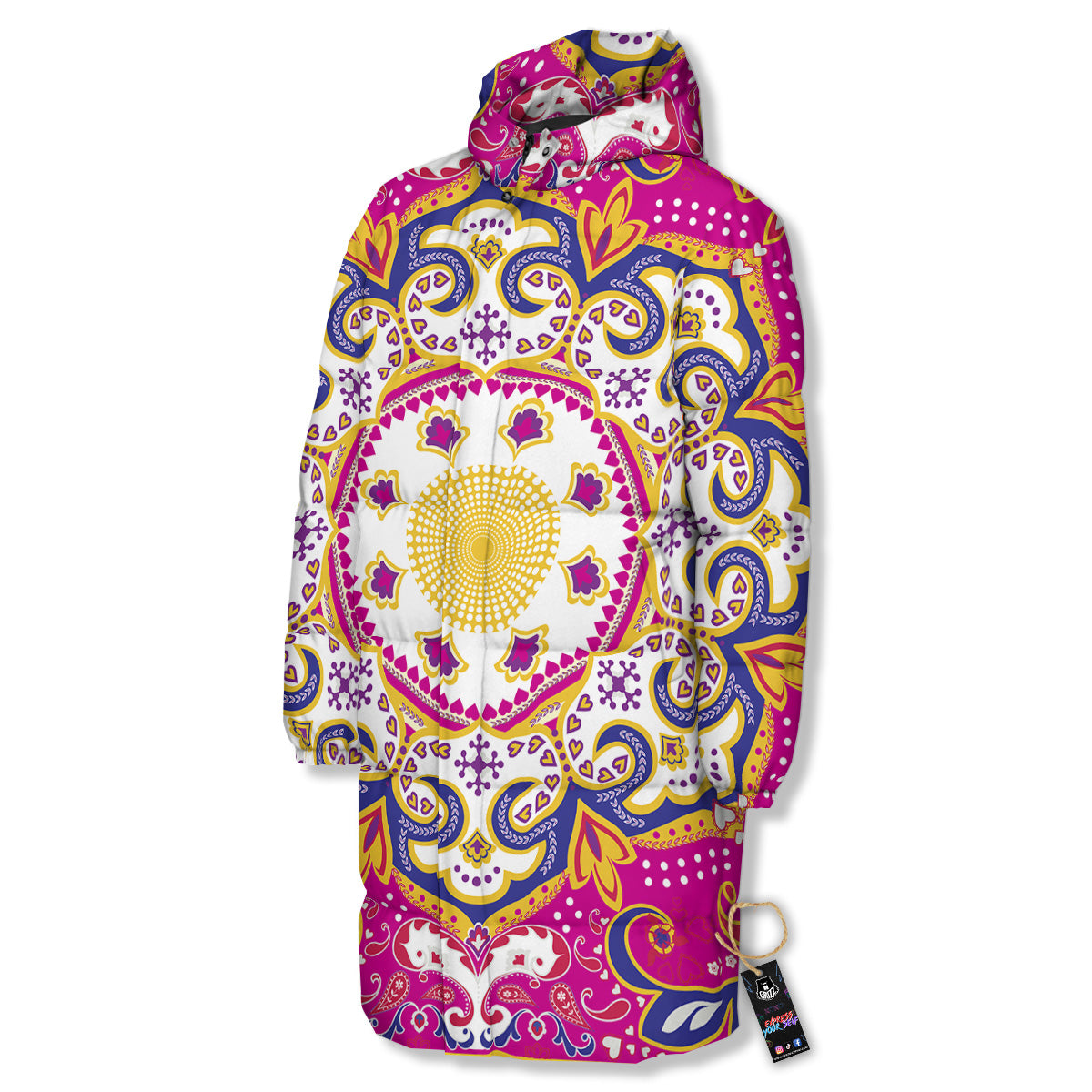 Pink Paisley And Mandala Print Long Down Jacket