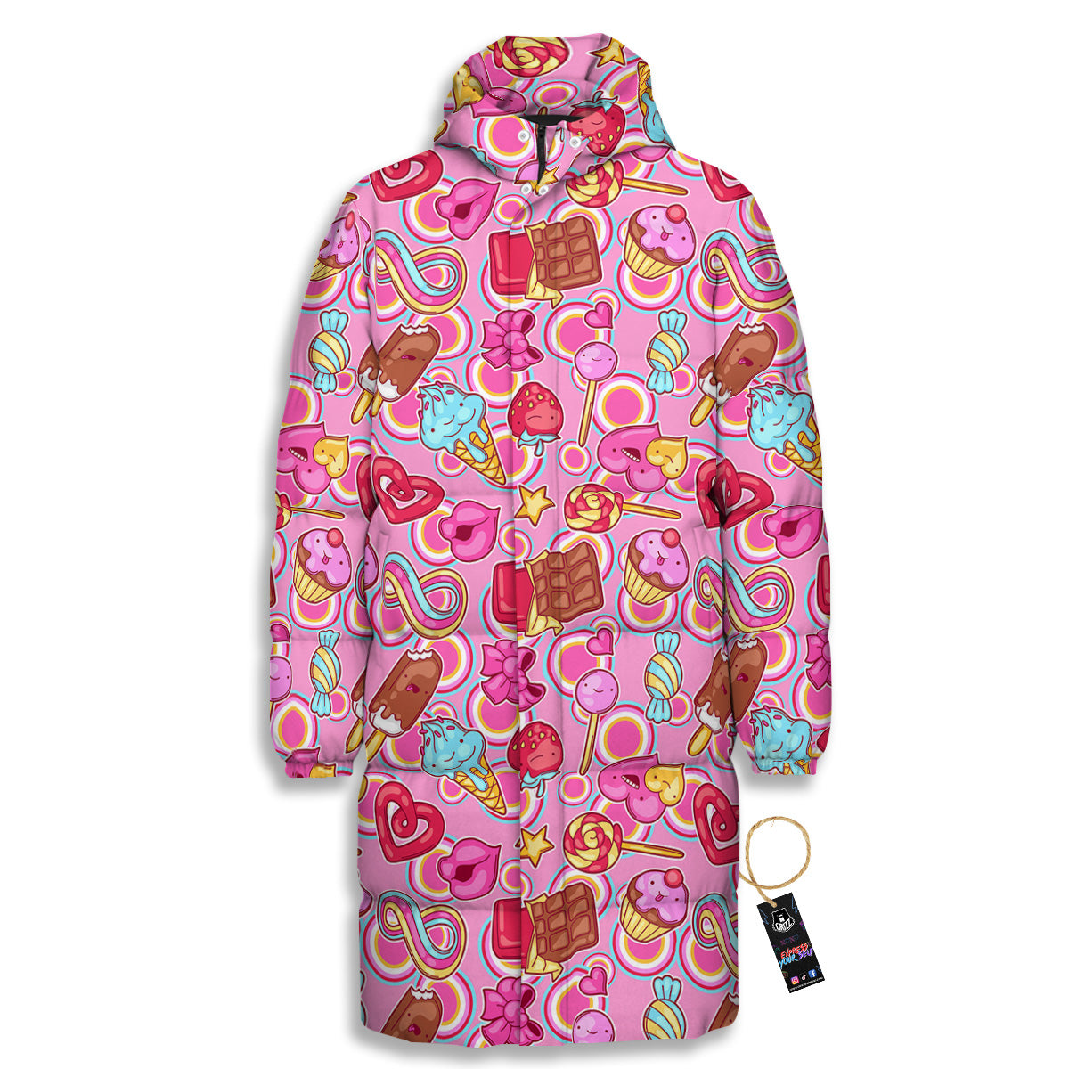 Pink Sweet Candy Print Pattern Long Down Jacket