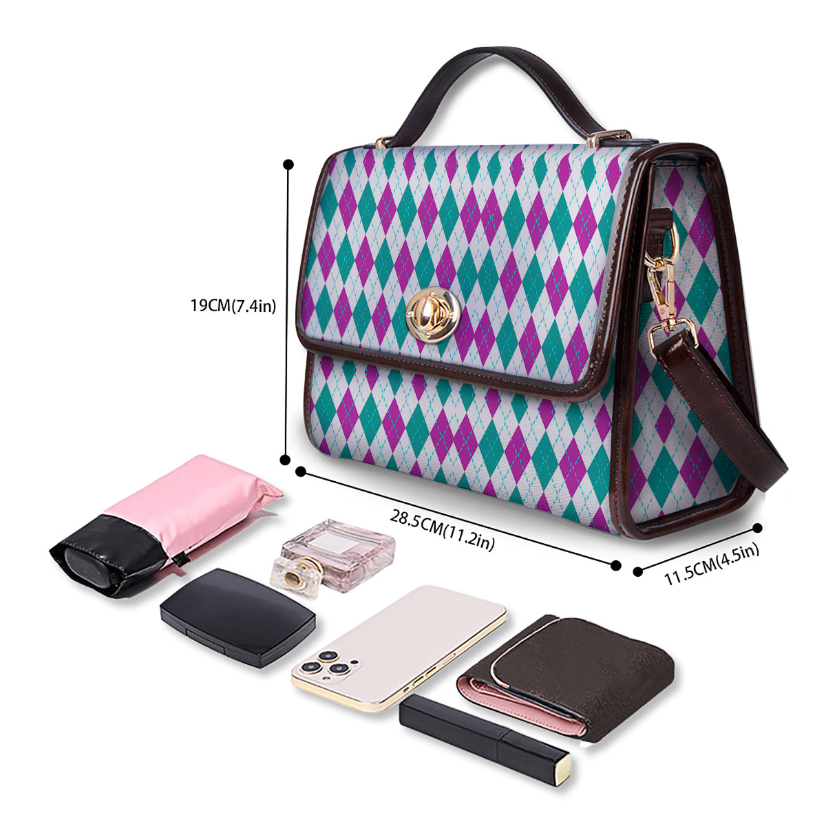 Pink White And Green Argyle Print Pattern Women's Satchel Bag