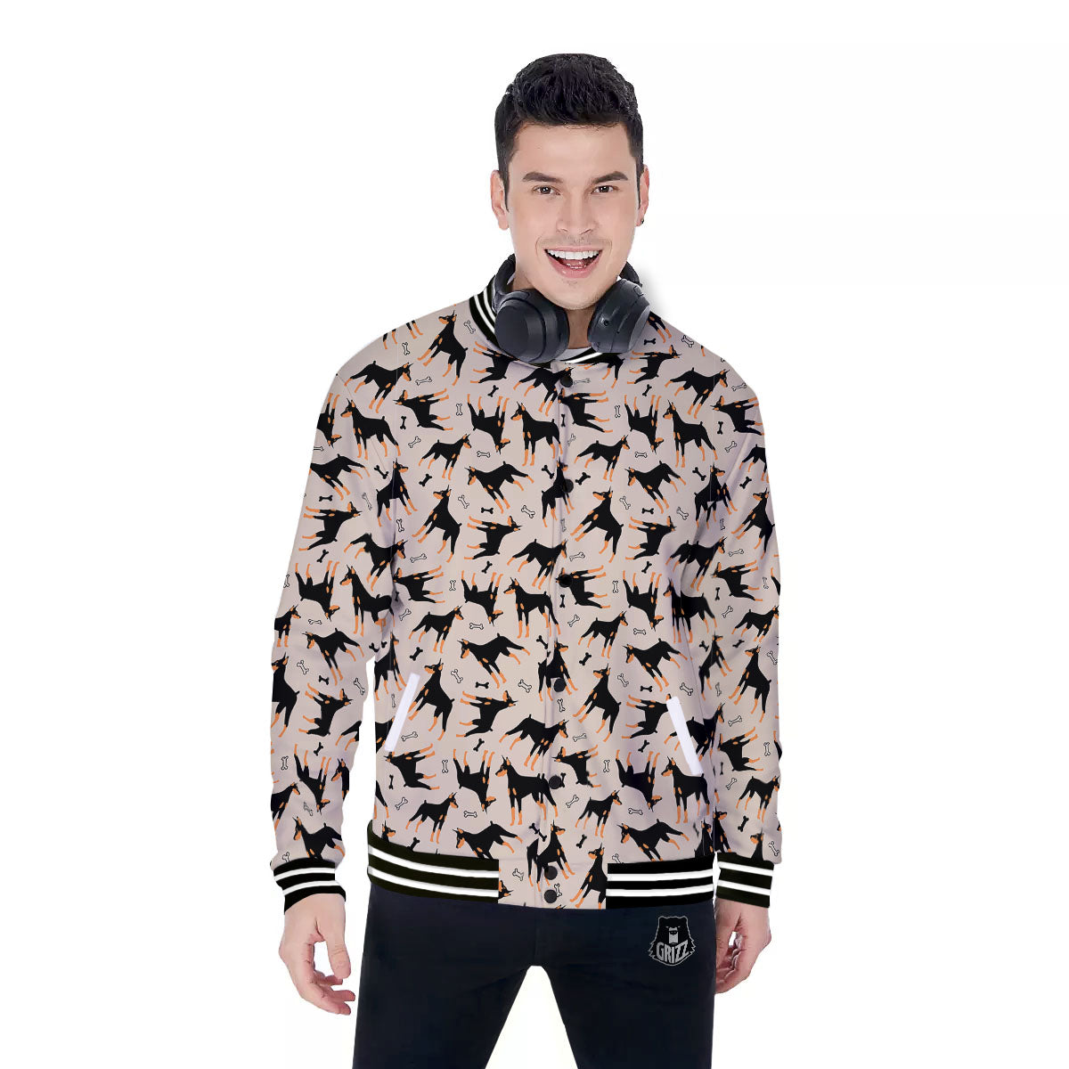 Pinscher Doberman Print Pattern Baseball Jacket-grizzshop