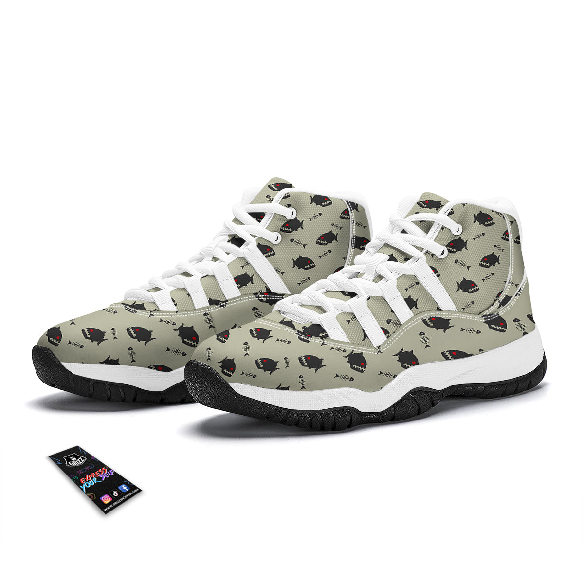 Piranha Print Pattern White Bball Shoes-grizzshop