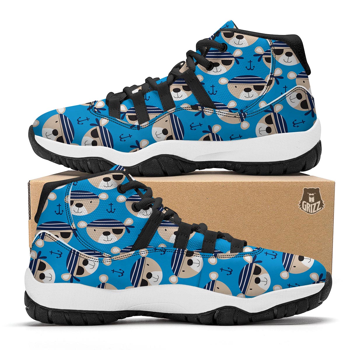 Pirate Bear Pattern Print Black Bball Shoes-grizzshop