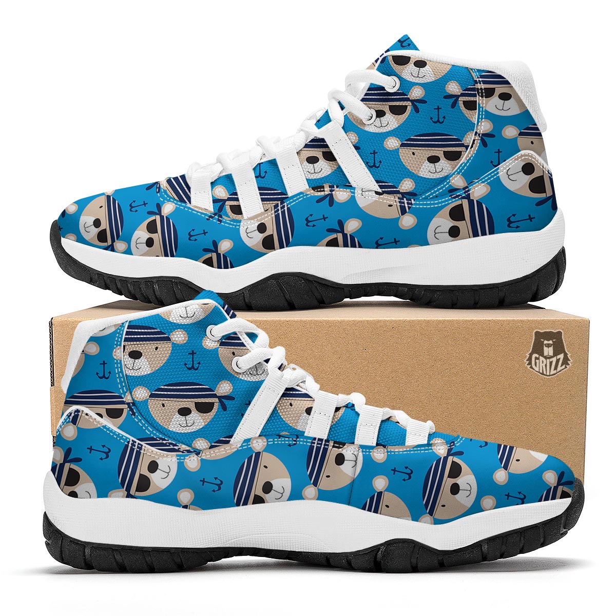 Pirate Bear Pattern Print White Bball Shoes-grizzshop