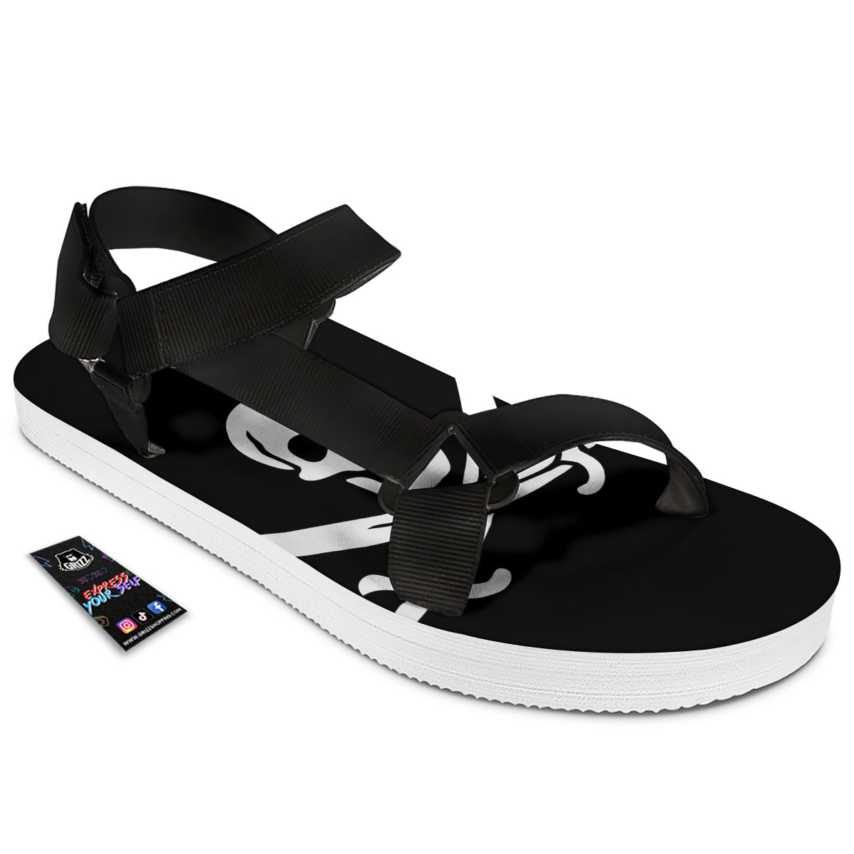 Pirate Flag Calico Jack Print Black Open Toe Sandals-grizzshop