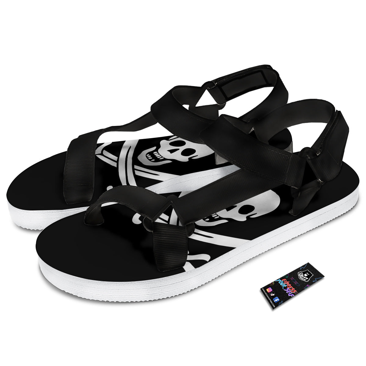 Pirate Flag Calico Jack Print Black Open Toe Sandals-grizzshop