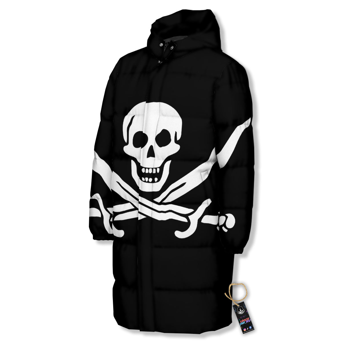 Pirate Flag Calico Jack Print Long Down Jacket-grizzshop