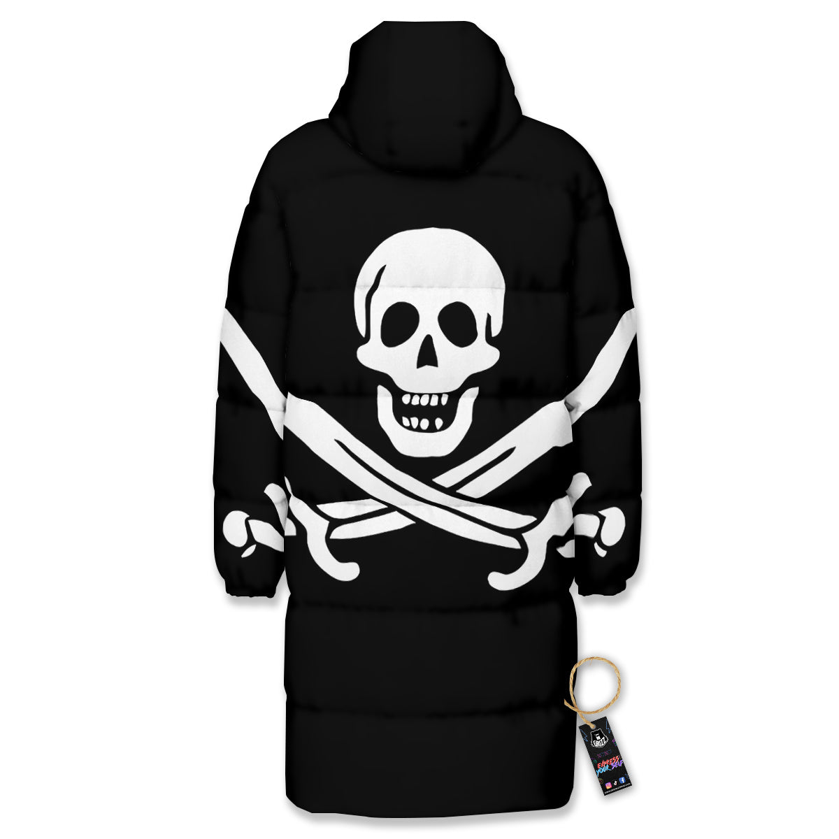 Pirate Flag Calico Jack Print Long Down Jacket-grizzshop
