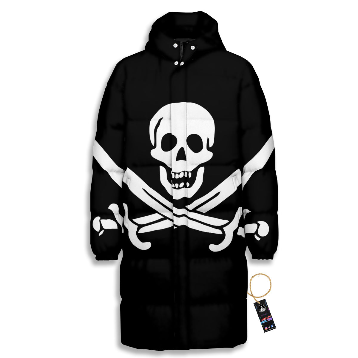 Pirate Flag Calico Jack Print Long Down Jacket-grizzshop