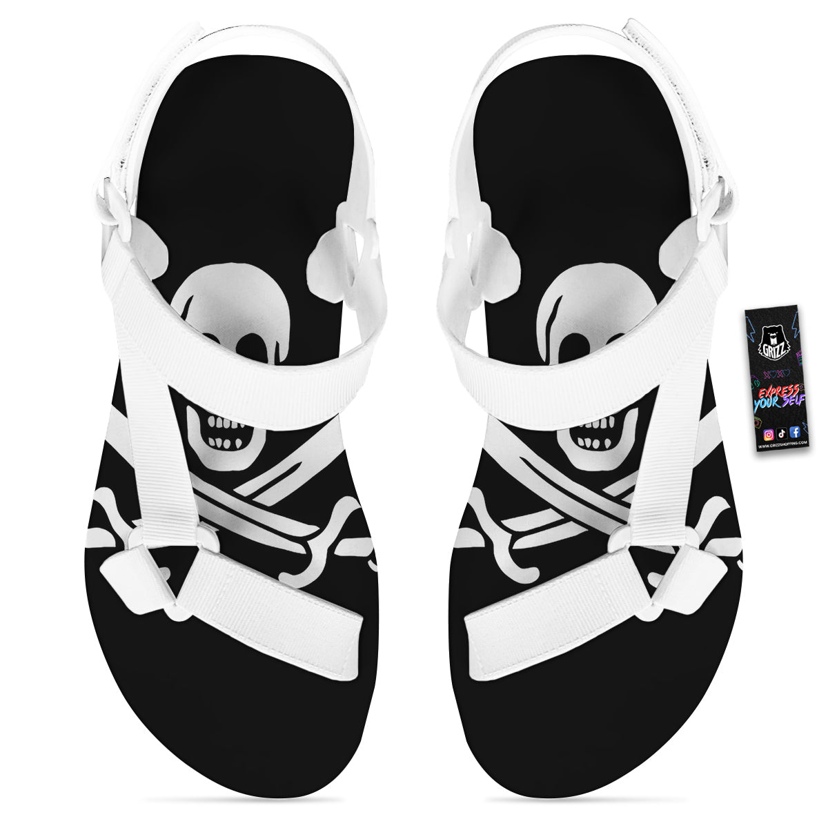 Pirate Flag Calico Jack Print White Open Toe Sandals-grizzshop