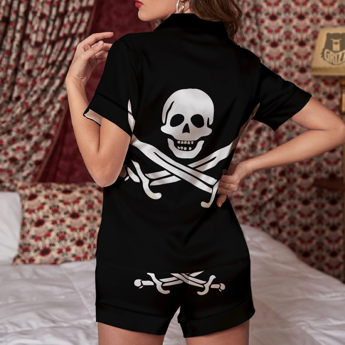 Pirate Flag Calico Jack Print Women Silk Pajamas-grizzshop