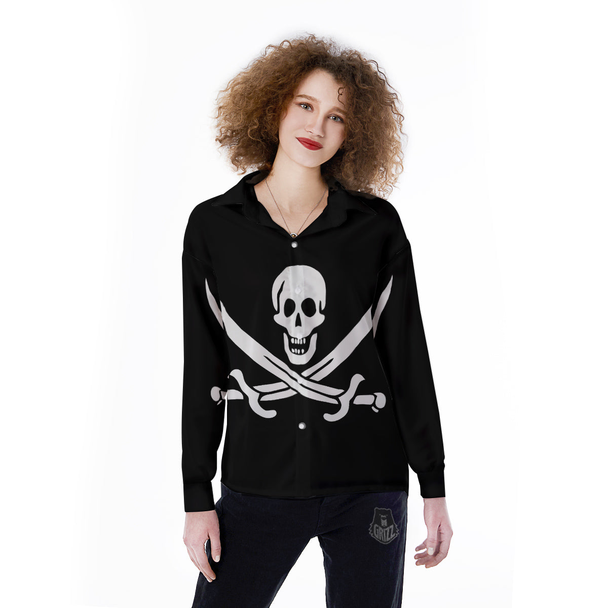 Pirate Flag Calico Jack Print Women's Long Sleeve Shirts-grizzshop
