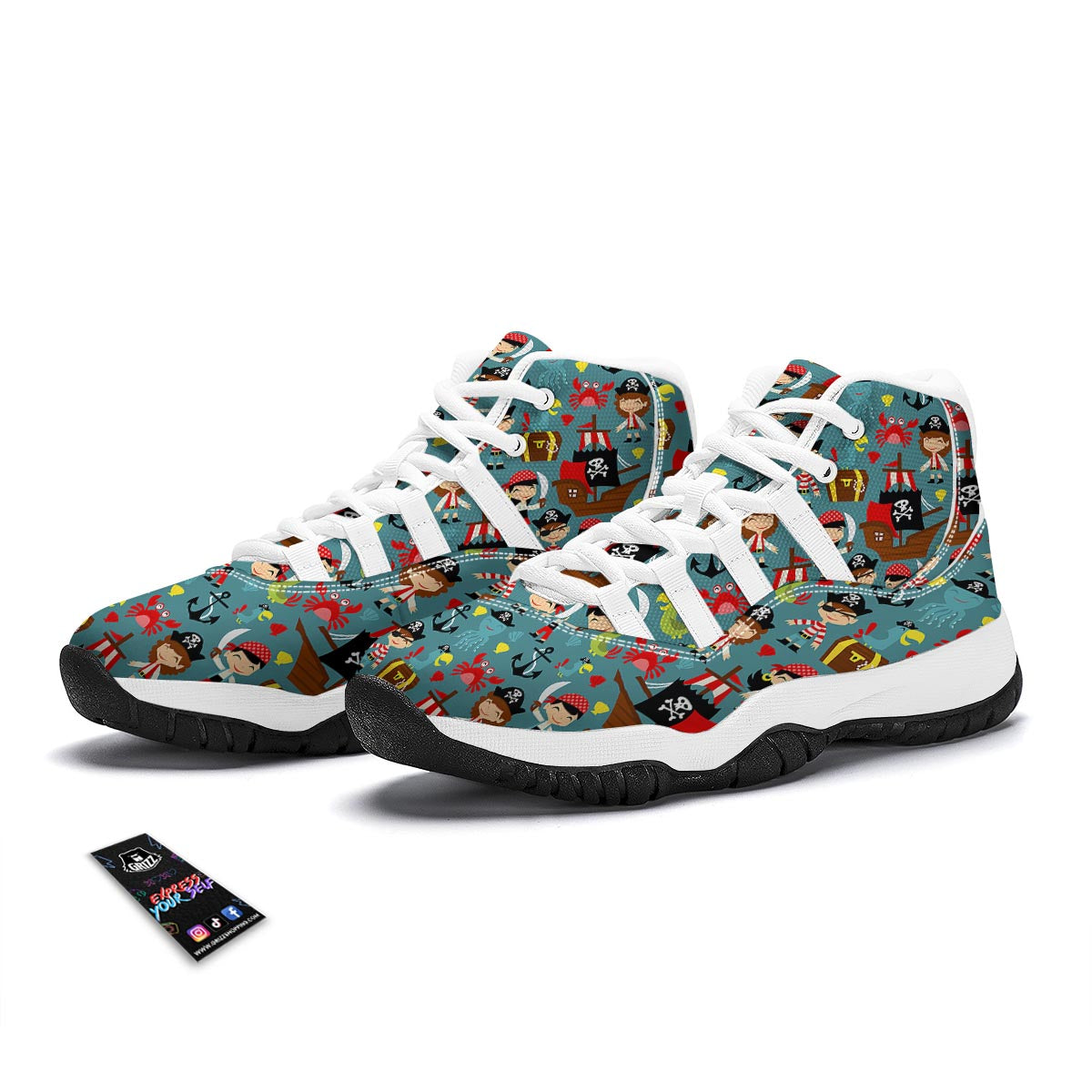Pirate Pattern Print White Bball Shoes-grizzshop