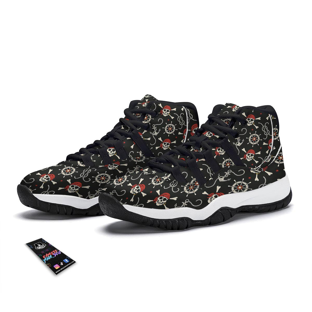 Pirate Skull Pattern Print Black Bball Shoes-grizzshop