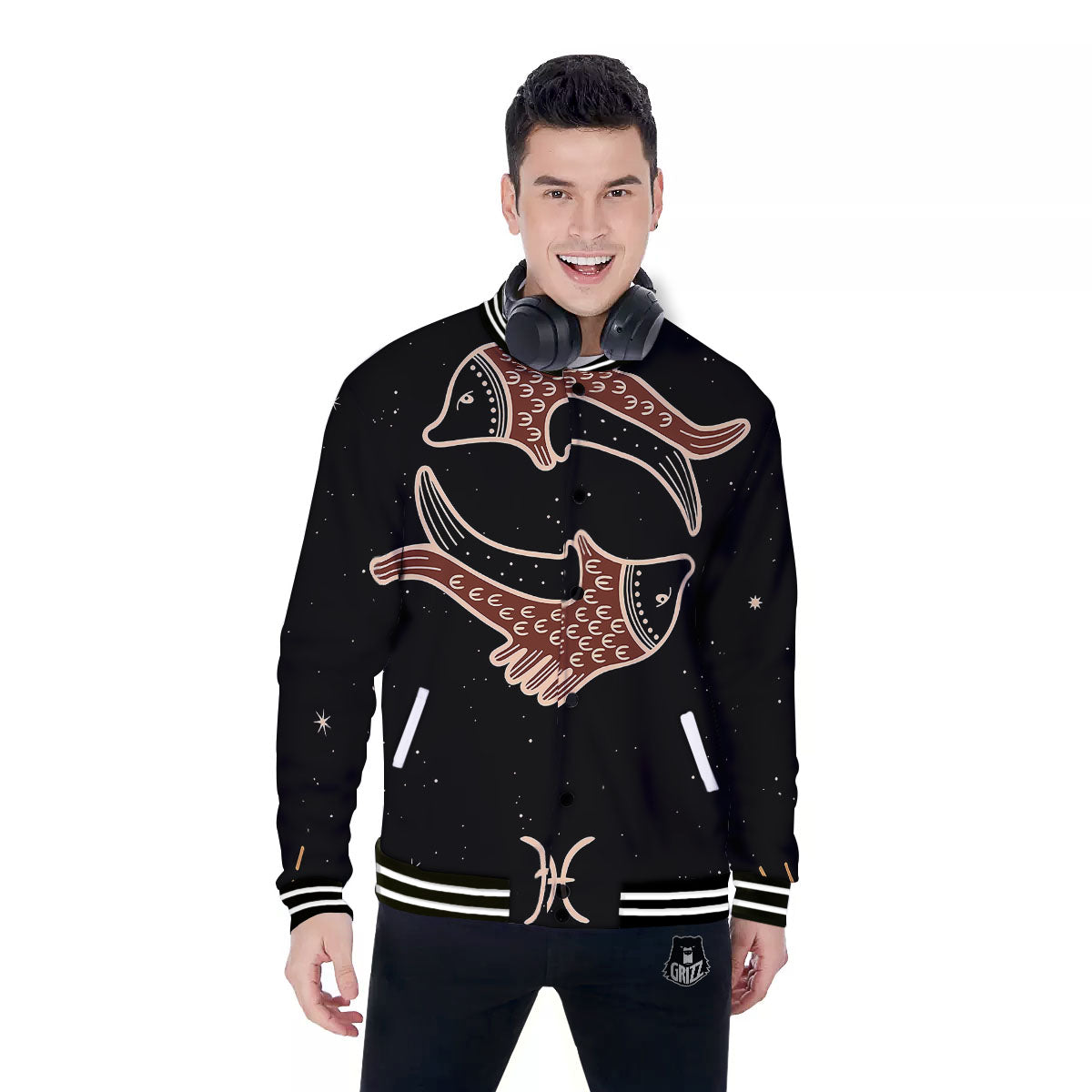 Pisces Constellation Print Baseball Jacket-grizzshop