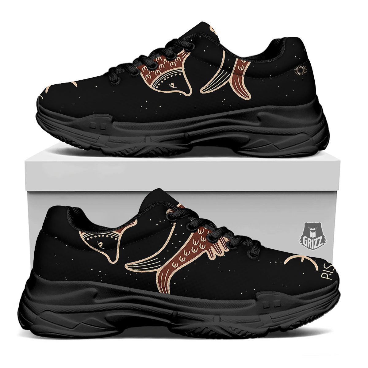 Pisces Constellation Print Black Chunky Shoes-grizzshop