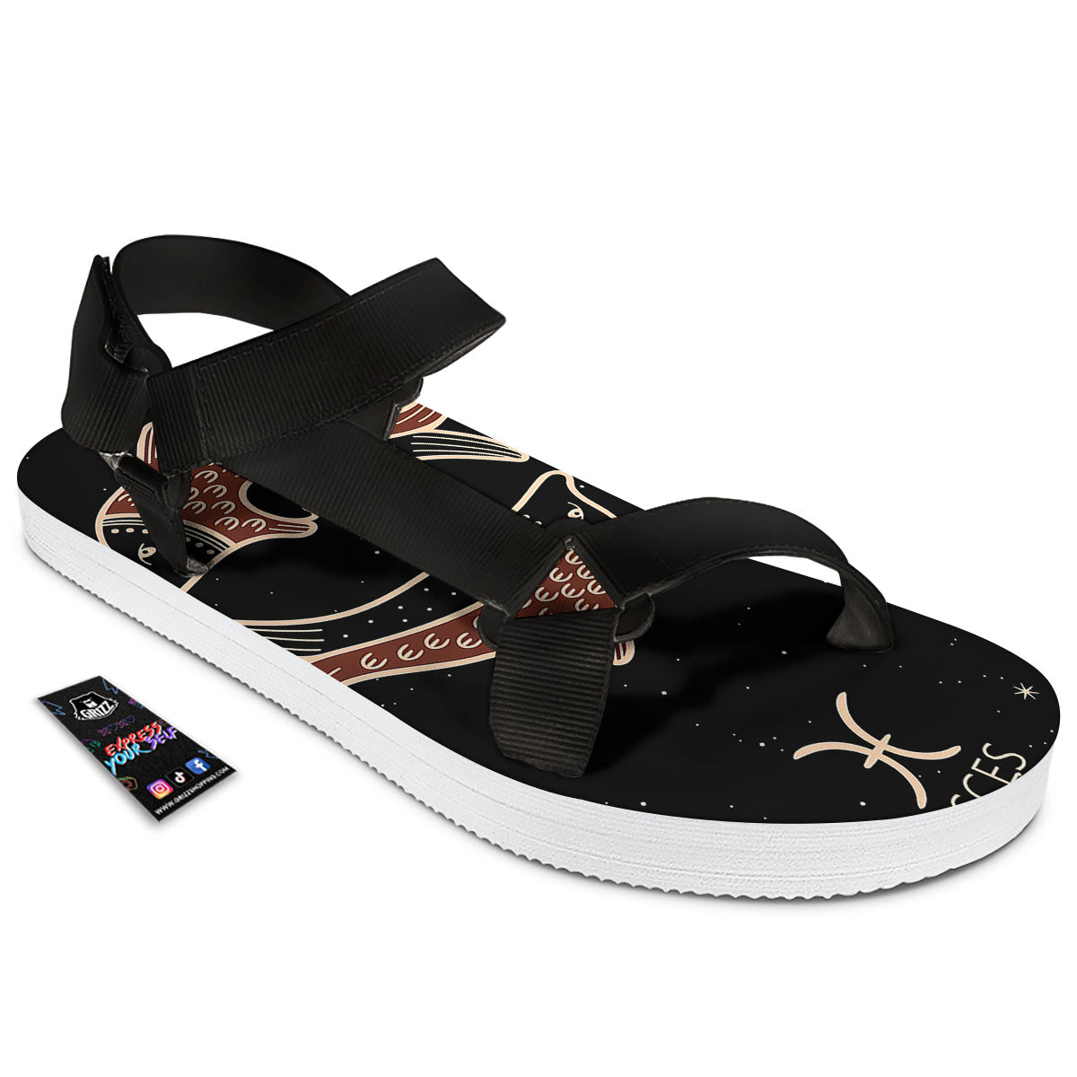 Pisces Constellation Print Black Open Toe Sandals-grizzshop