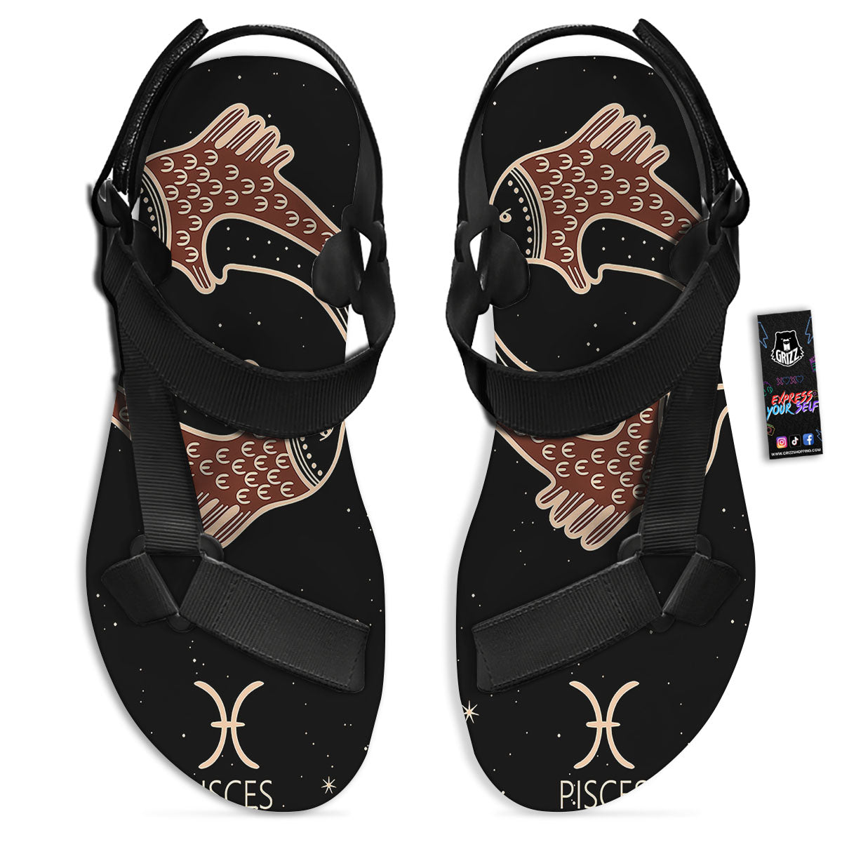 Pisces Constellation Print Black Open Toe Sandals-grizzshop
