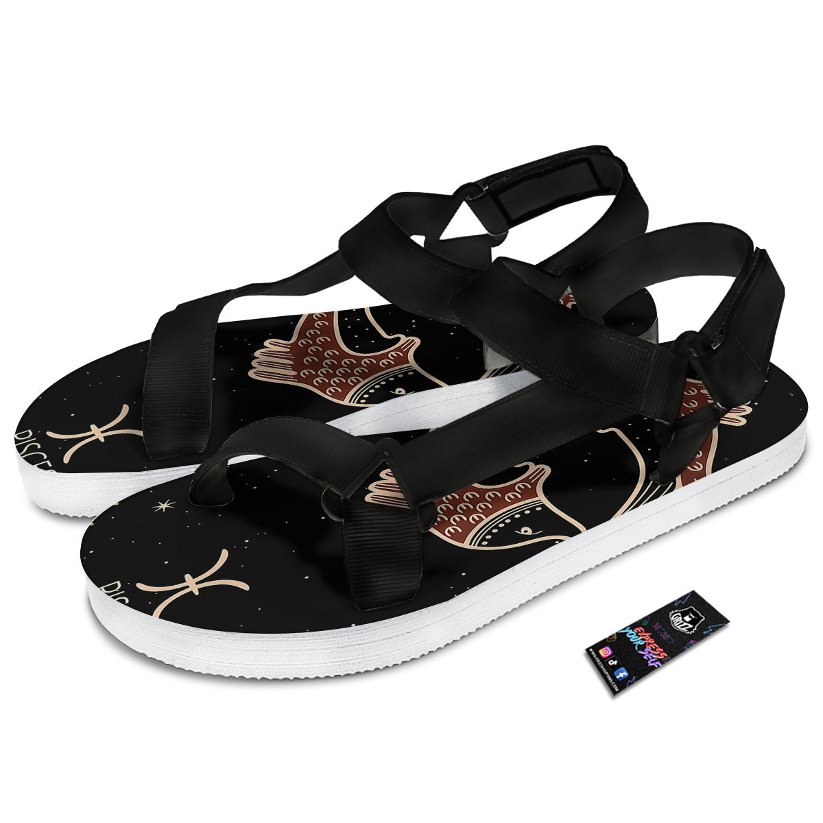 Pisces Constellation Print Black Open Toe Sandals-grizzshop
