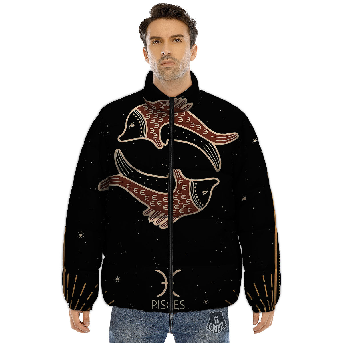 Pisces Constellation Print Puffer Jacket-grizzshop