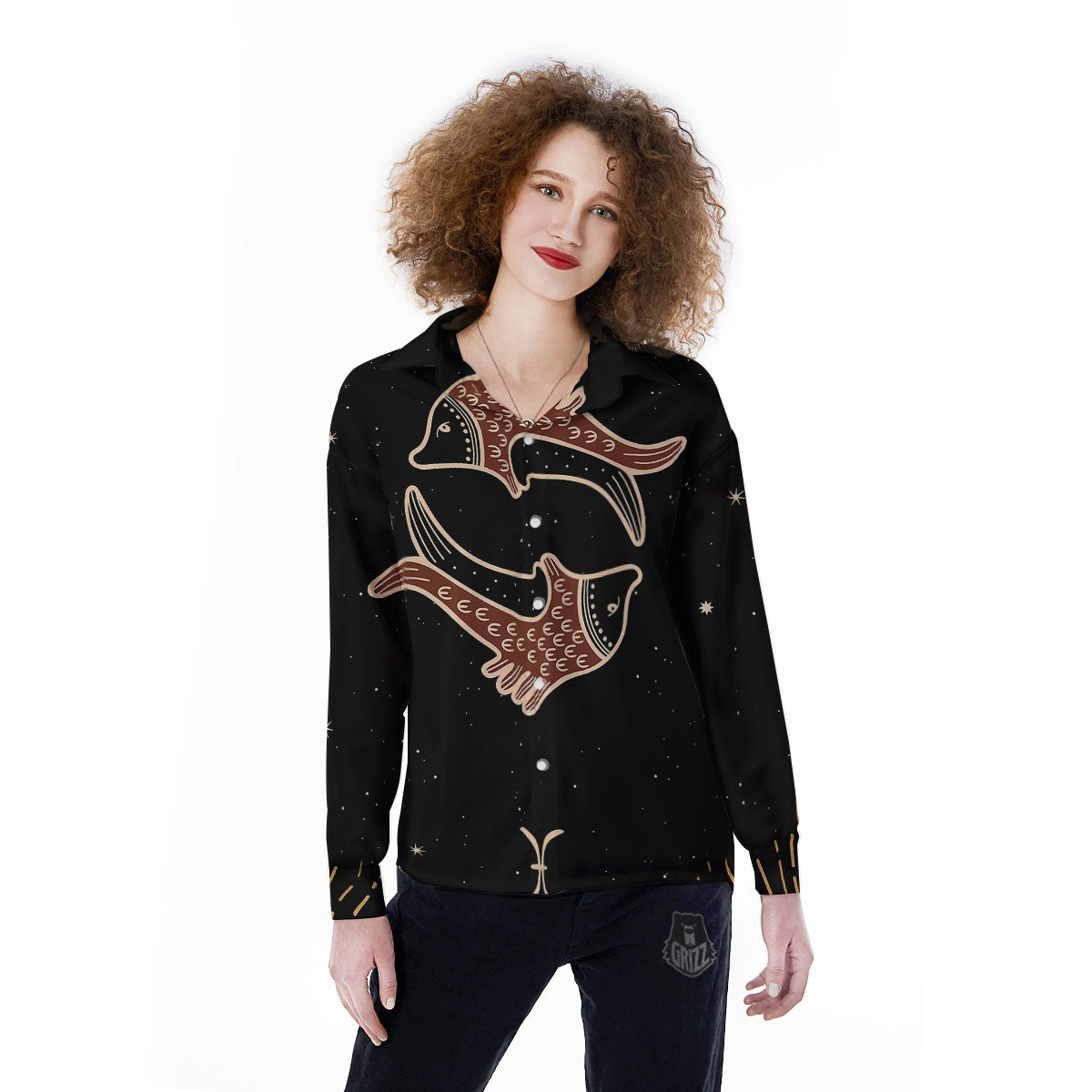 Pisces Constellation Print Women's Long Sleeve Shirts-grizzshop