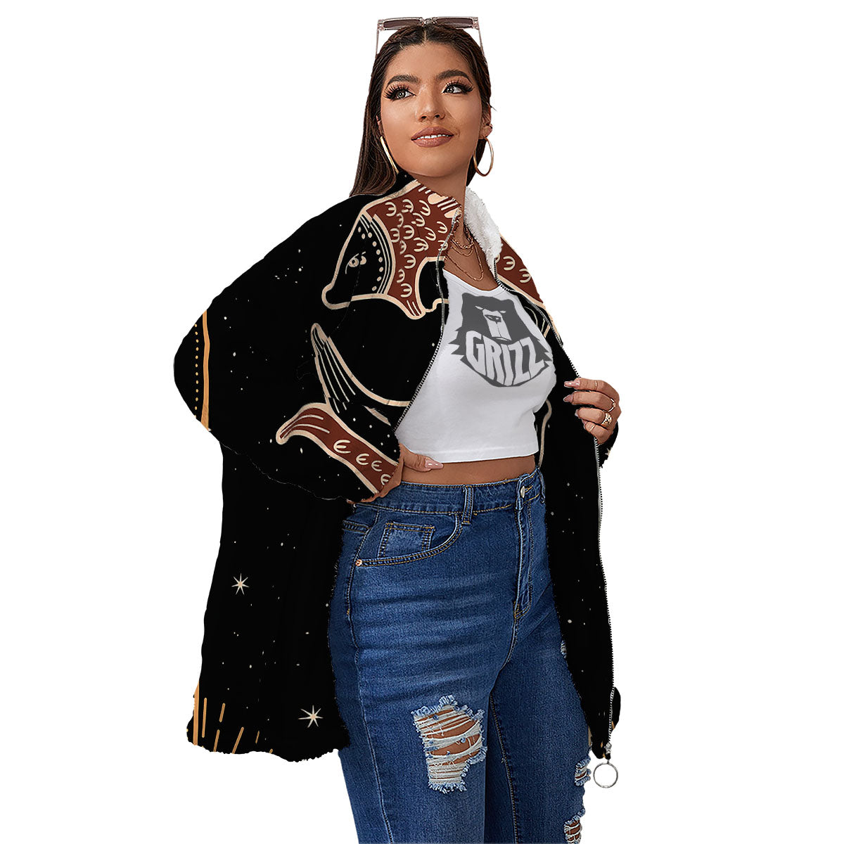 Pisces Constellation Print Women's Sherpa Jacket-grizzshop