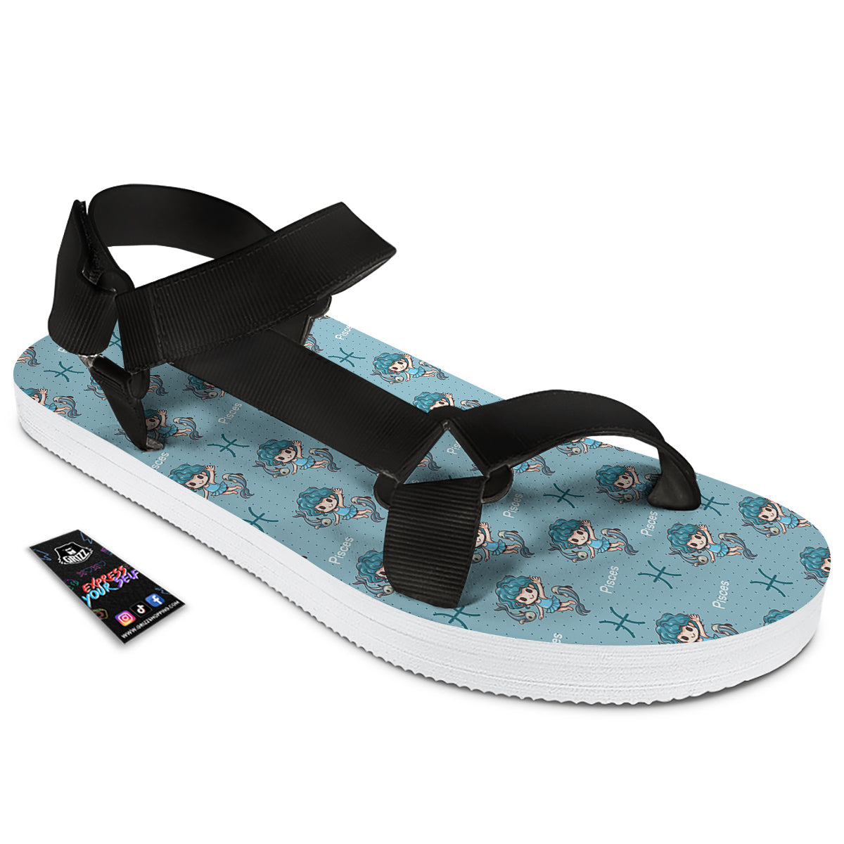 Pisces Cute Cartoon Print Pattern Black Open Toe Sandals-grizzshop