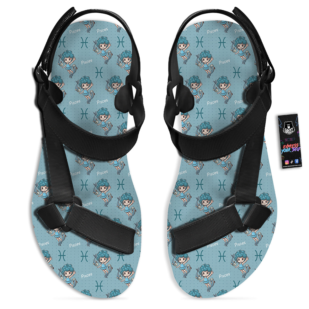 Pisces Cute Cartoon Print Pattern Black Open Toe Sandals-grizzshop