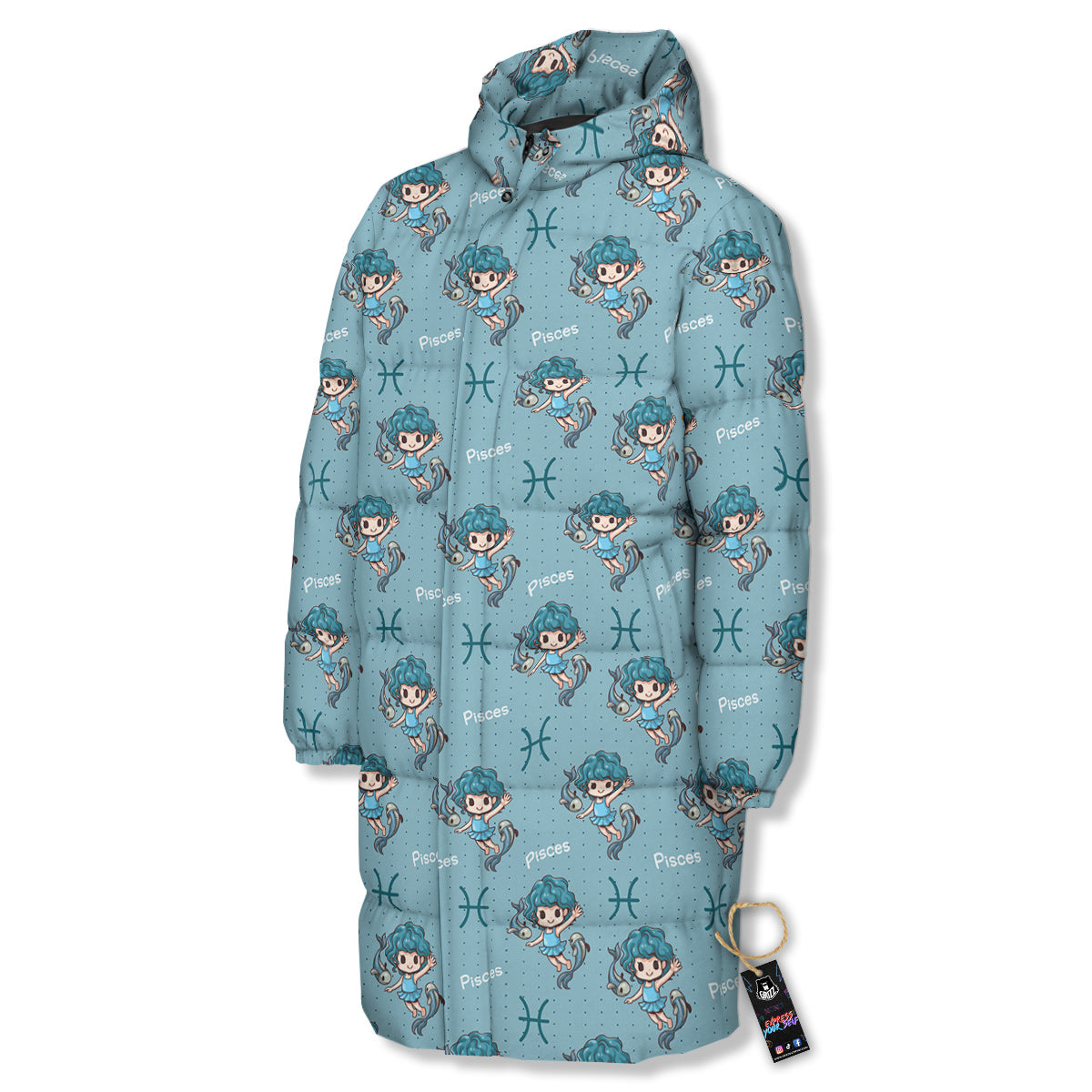 Pisces Cute Cartoon Print Pattern Long Down Jacket-grizzshop