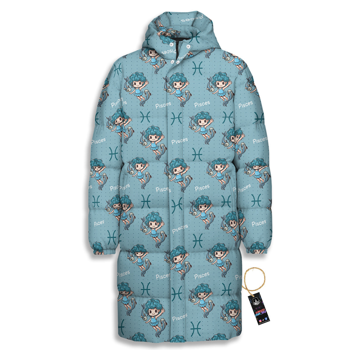 Pisces Cute Cartoon Print Pattern Long Down Jacket-grizzshop