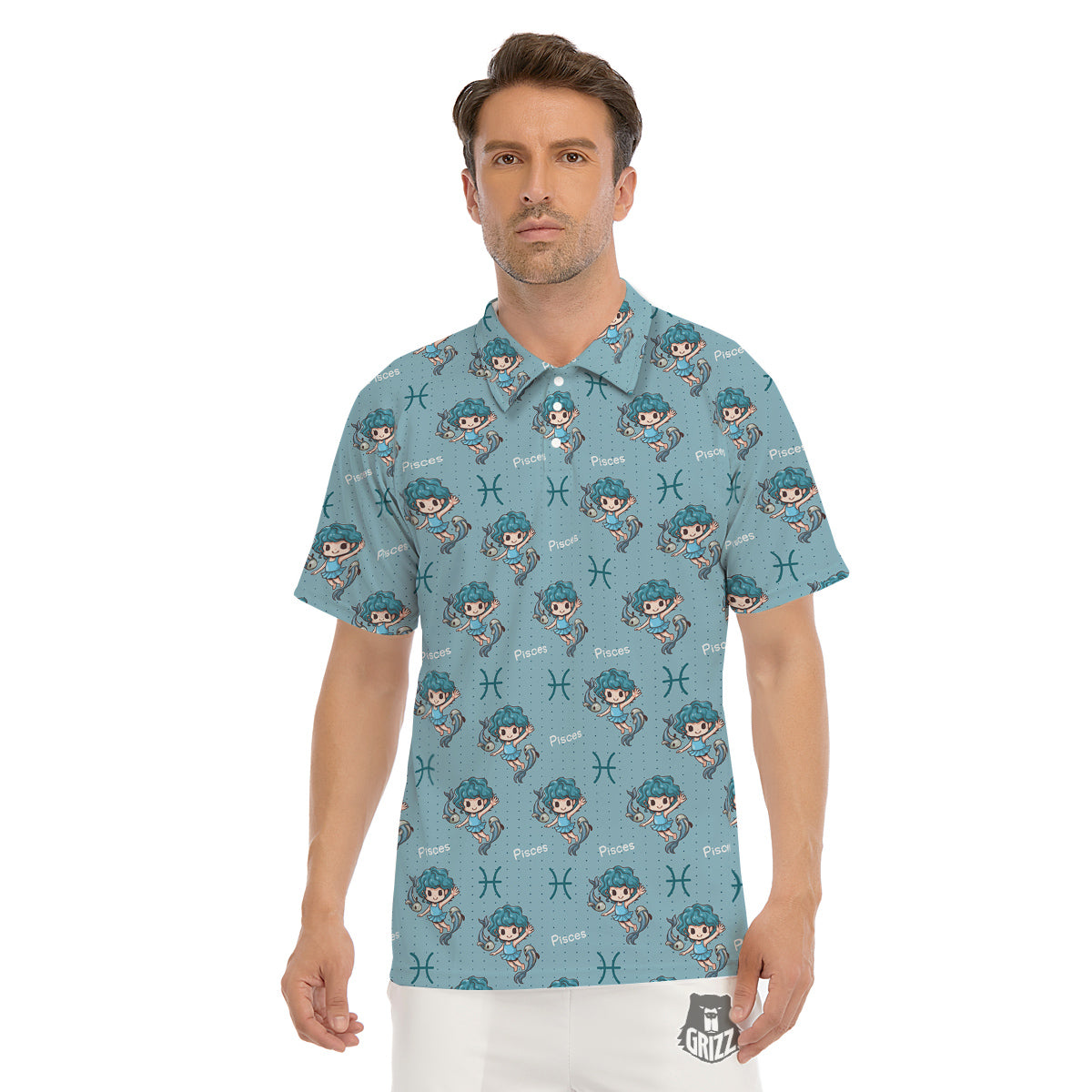 Pisces Cute Cartoon Print Pattern Men's Golf Shirts-grizzshop