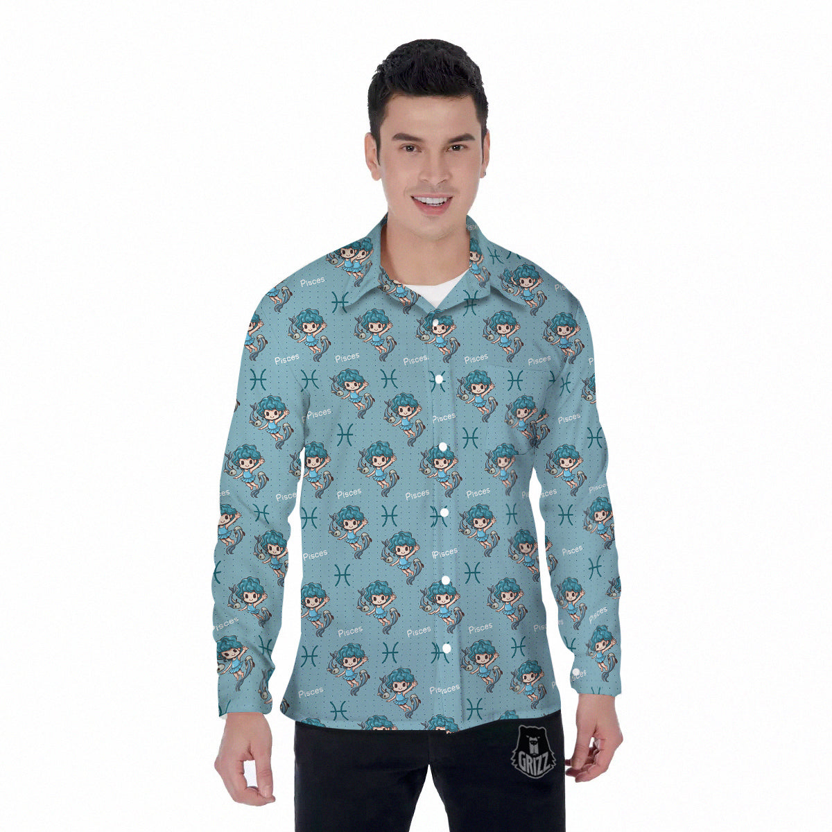 Pisces Cute Cartoon Print Pattern Men's Long Sleeve Shirts-grizzshop