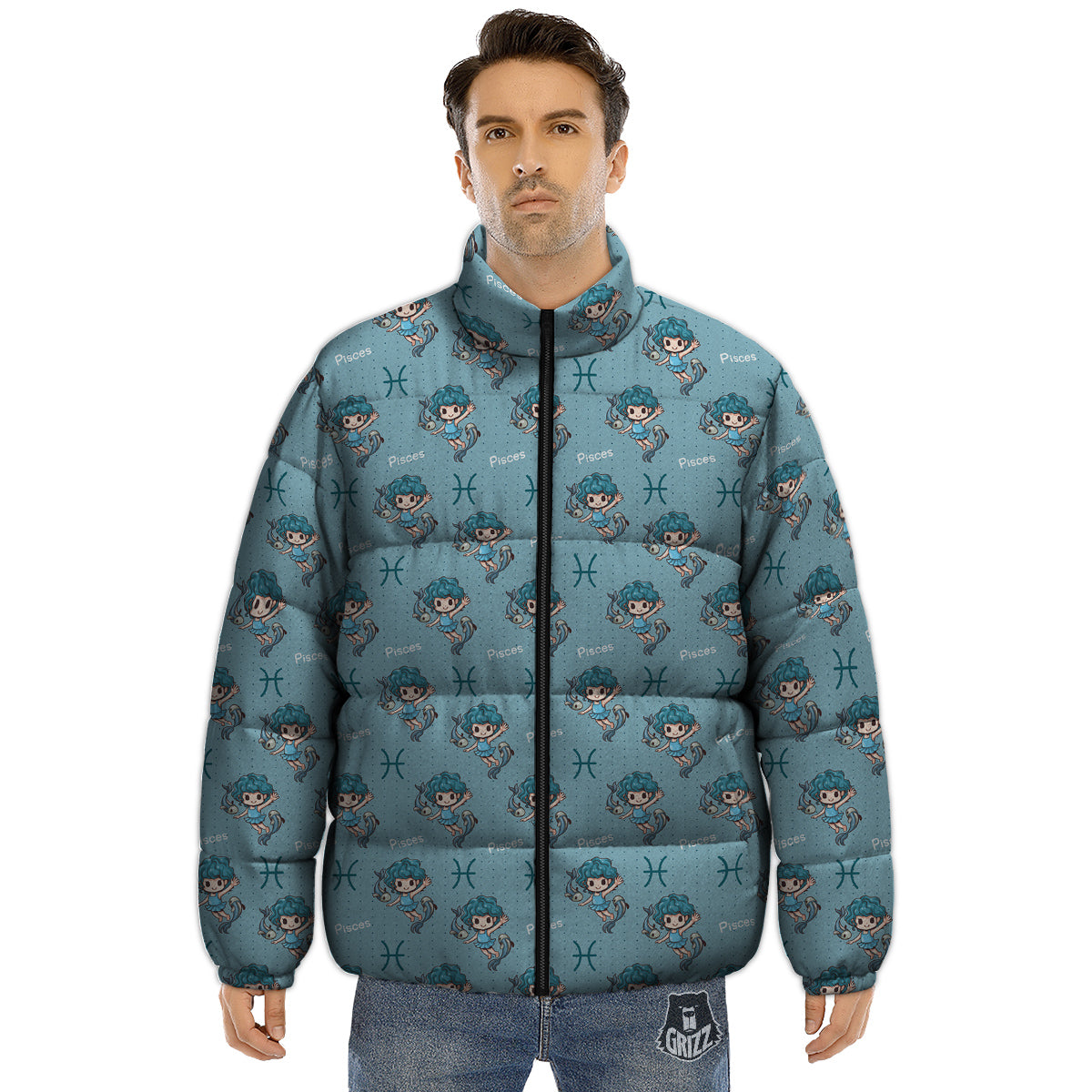 Pisces Cute Cartoon Print Pattern Puffer Jacket-grizzshop