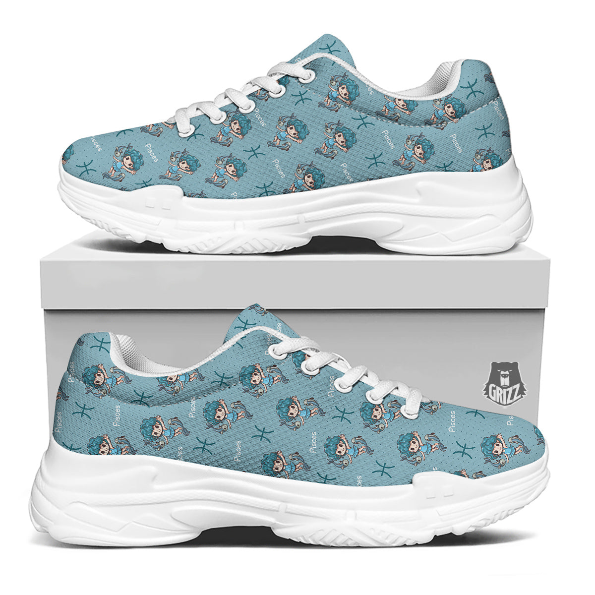 Pisces Cute Cartoon Print Pattern White Chunky Shoes-grizzshop