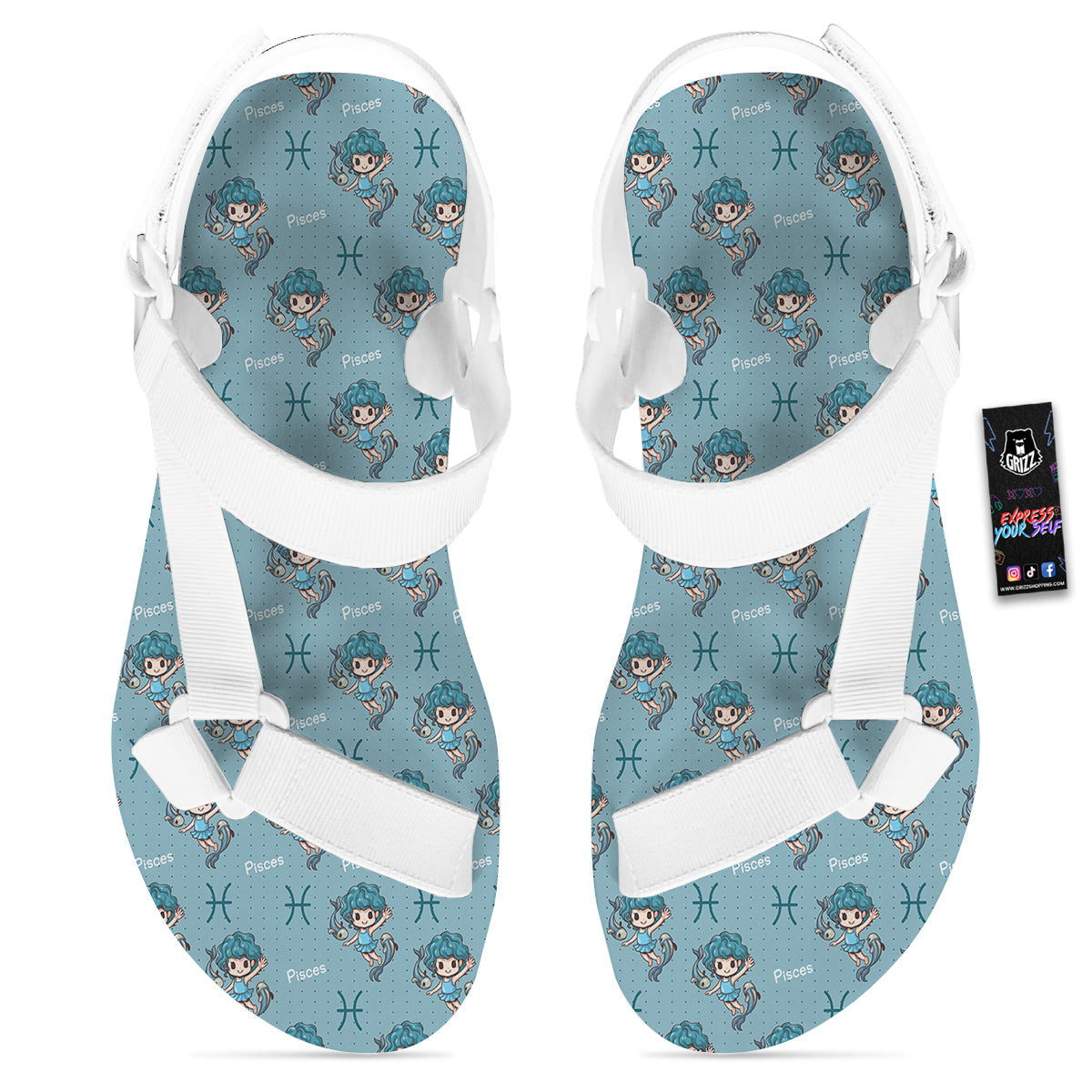 Pisces Cute Cartoon Print Pattern White Open Toe Sandals-grizzshop