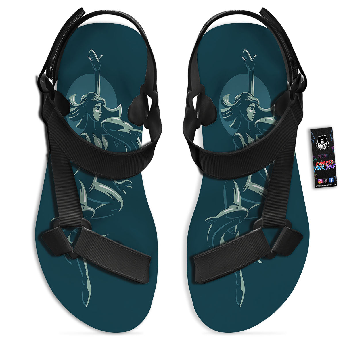 Pisces Sign Astrology Print Black Open Toe Sandals-grizzshop