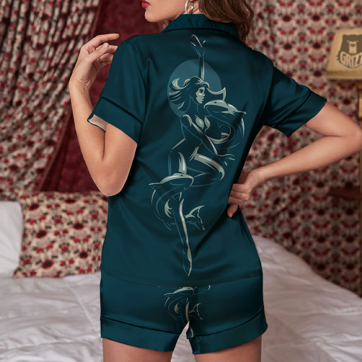Pisces Sign Astrology Print Women Silk Pajamas-grizzshop