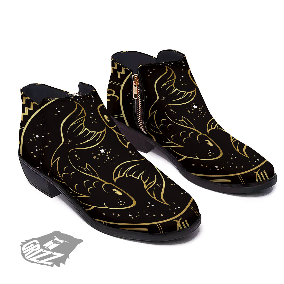 Pisces Sign Black And Gold Print Ankle Boots-grizzshop
