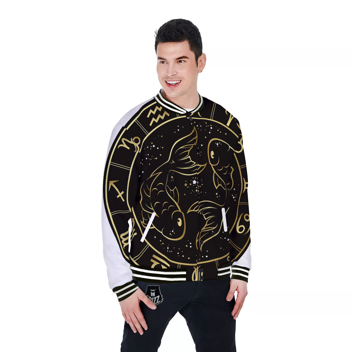 Pisces Sign Black And Gold Print Baseball Jacket-grizzshop