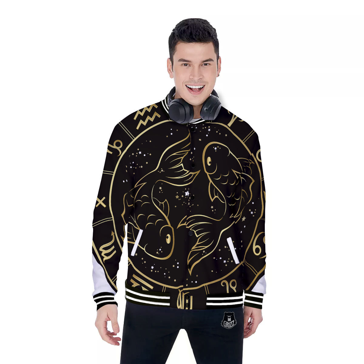 Pisces Sign Black And Gold Print Baseball Jacket-grizzshop