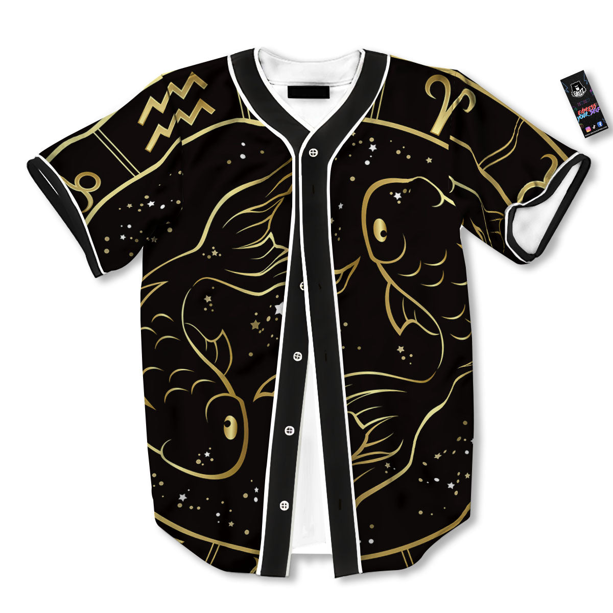 Pisces Sign Black And Gold Print Baseball Jersey-grizzshop